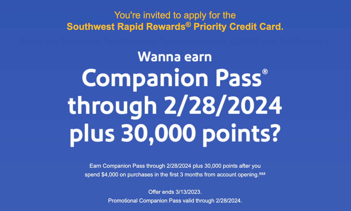 Southwest Cards Earn Automatic Companion Pass & 30k Points