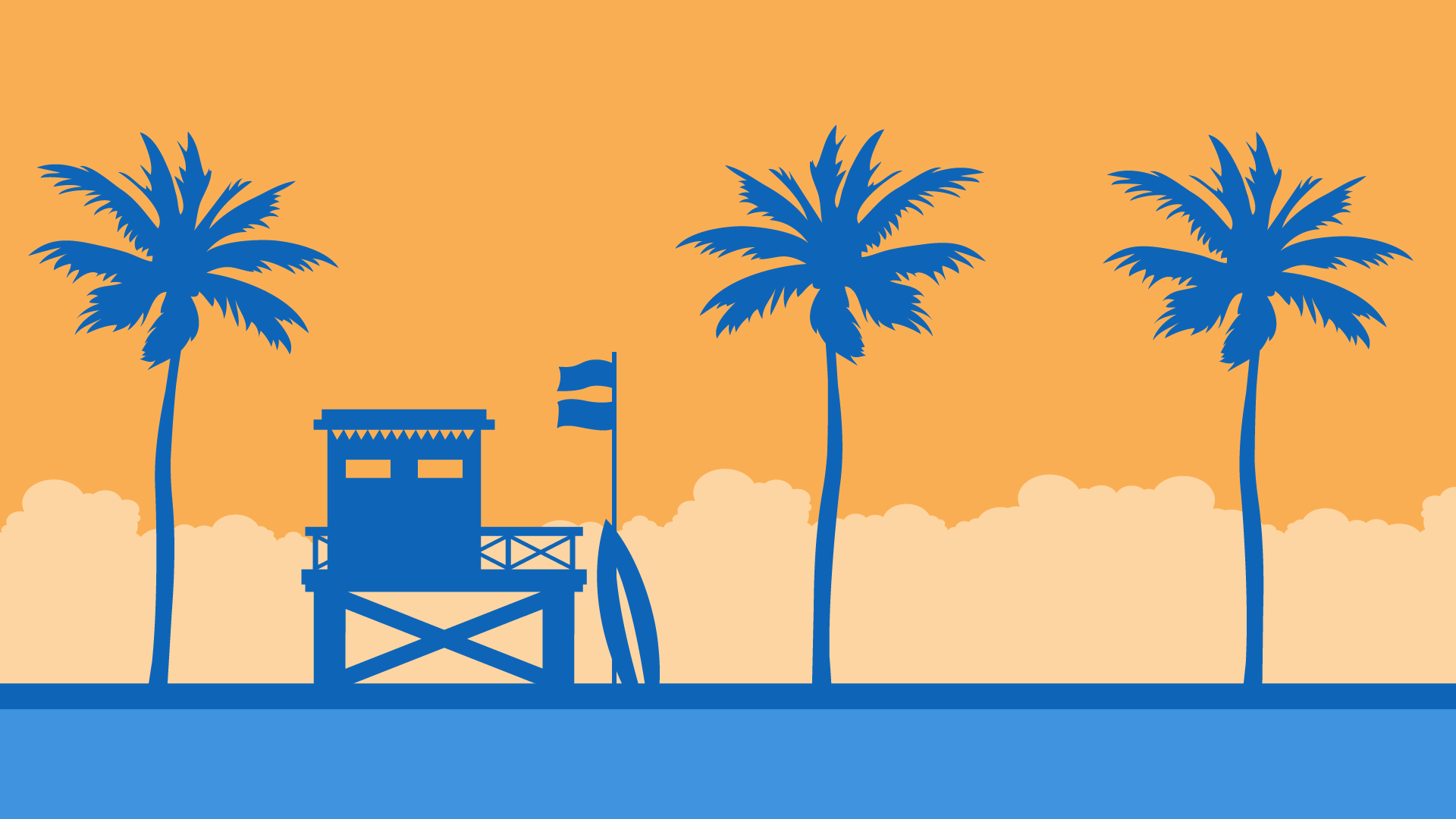 Beach scene with palm trees and lifeguard tower