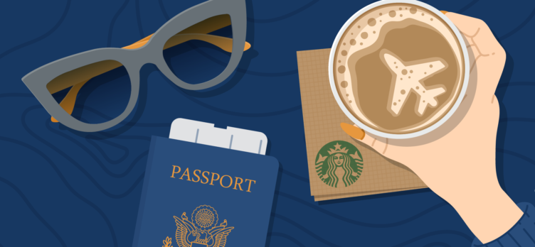 Starbucks at airport with passport and sunglasses