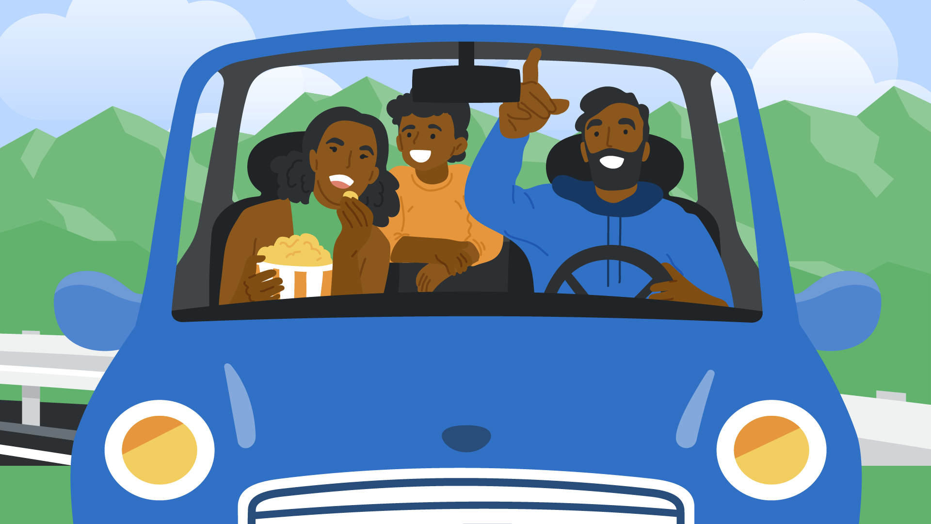 Family road trip eating snacks