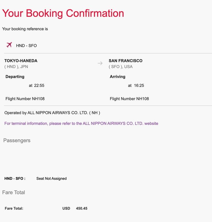 ANA First Class Virgin Booking