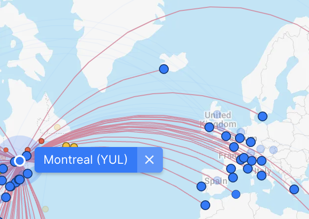 Air Canada route network from Montreal to Europe