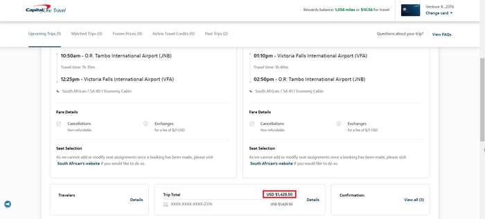 Capital One Travel flight confirmation