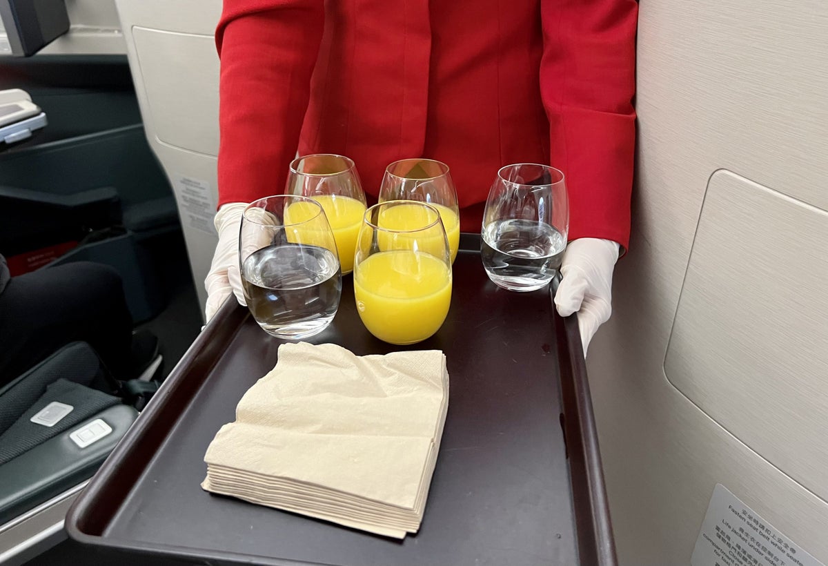 Cathay Pacific Airbus A35k business class predeparture drinks
