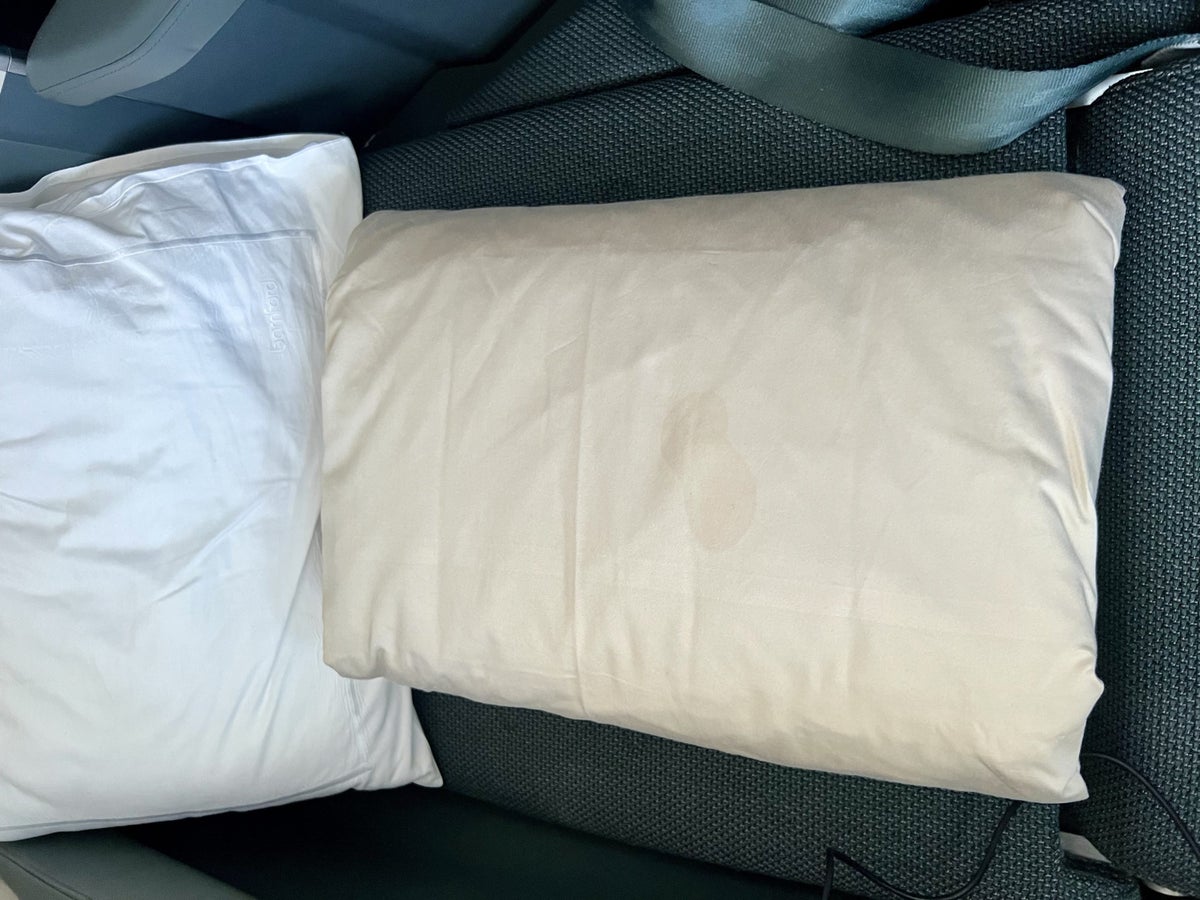 Cathay Pacific Airbus A35k business class stained pillow