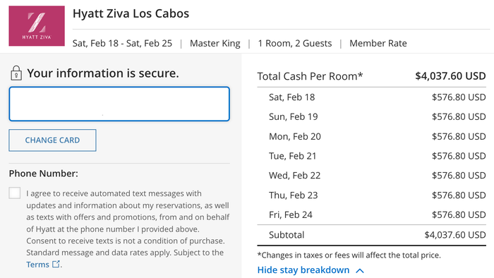 Cost breakdown Hyatt Ziva