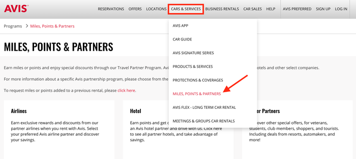 Earn miles through Avis car rental
