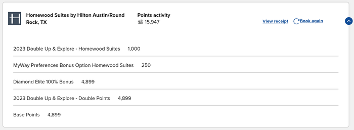 Hilton Honors points earned at Homewood Suites Austin Round Rock