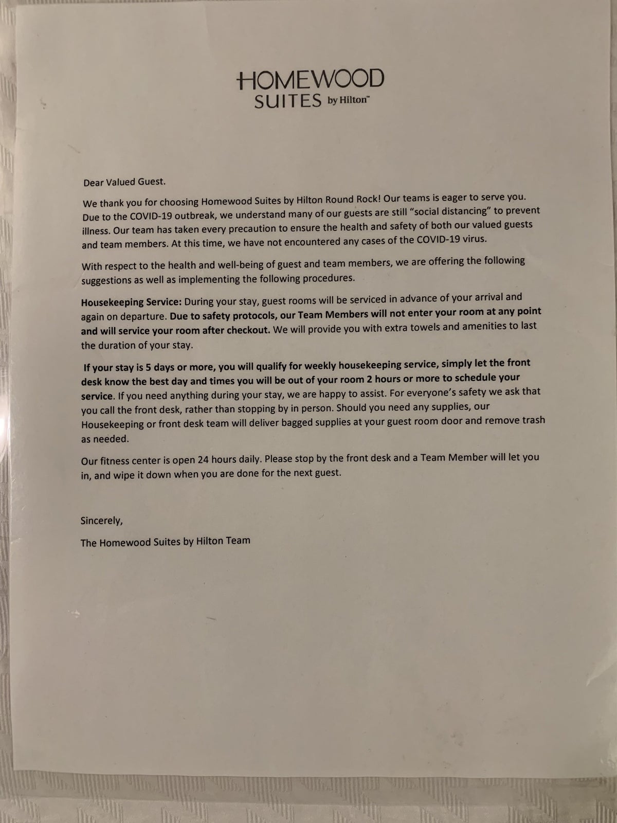Housekeeping letter at Homewood Suites Austin Round Rock