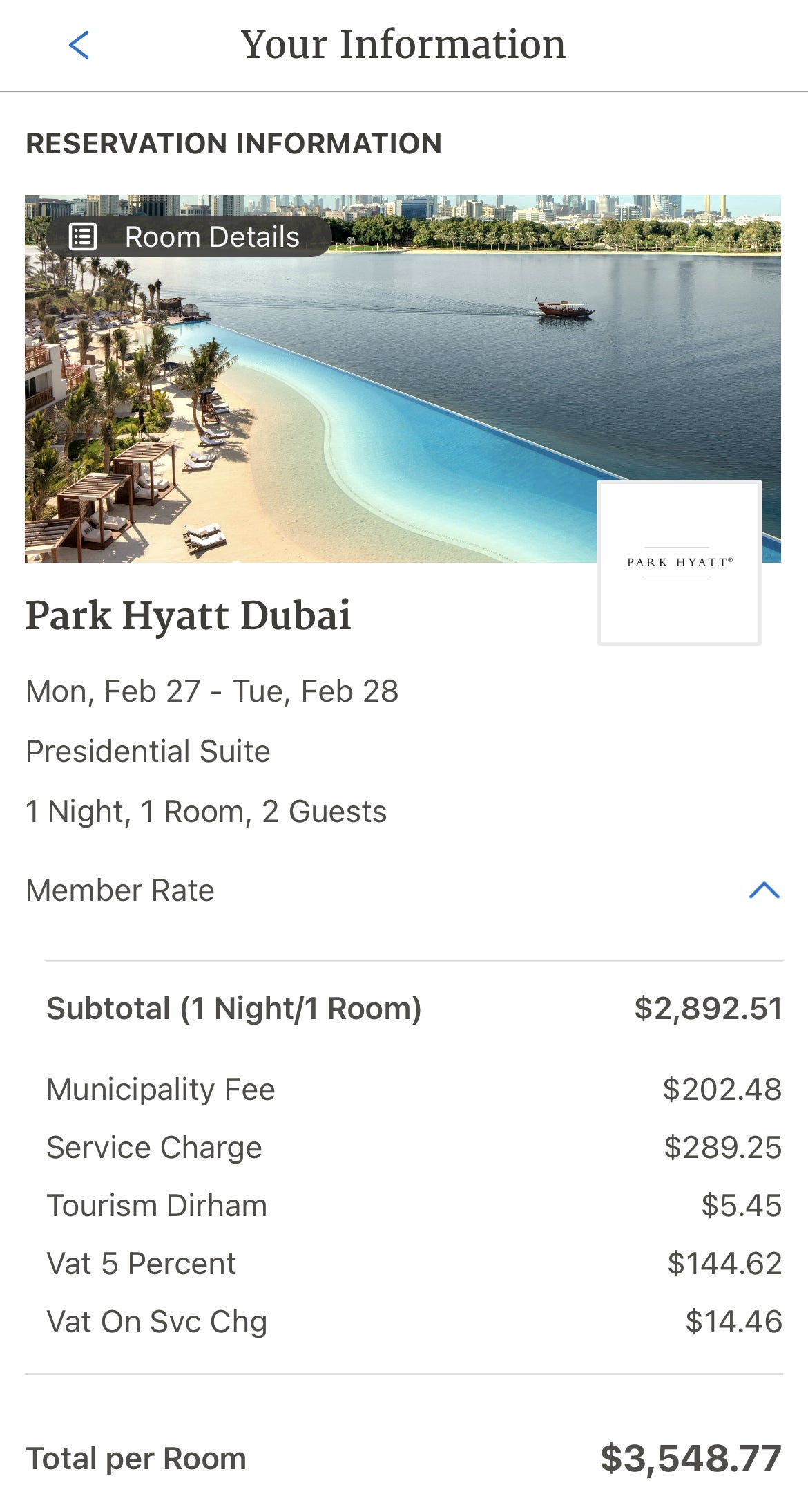 Park Hyatt Dubai Presidential Suite Screenshot cost