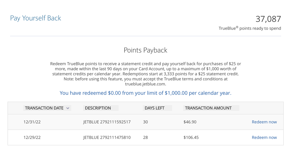 JetBlue Plus Card Points PayBack