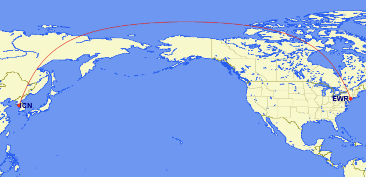 Map of Air Premia route from Newark to Seoul
