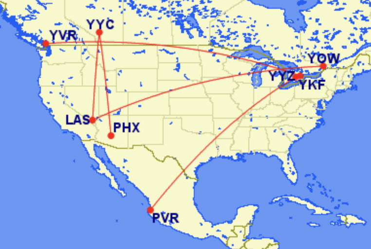 Map of Flair Airlines new routes for Winter 23