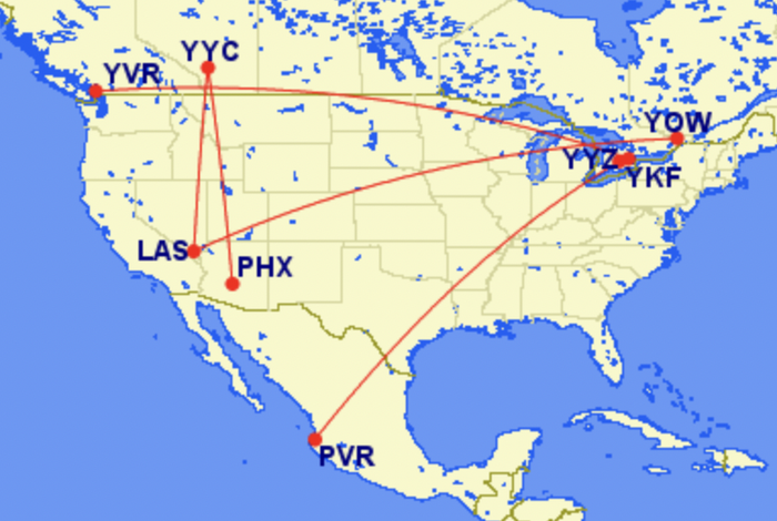Map of Flair Airlines new routes for Winter 23