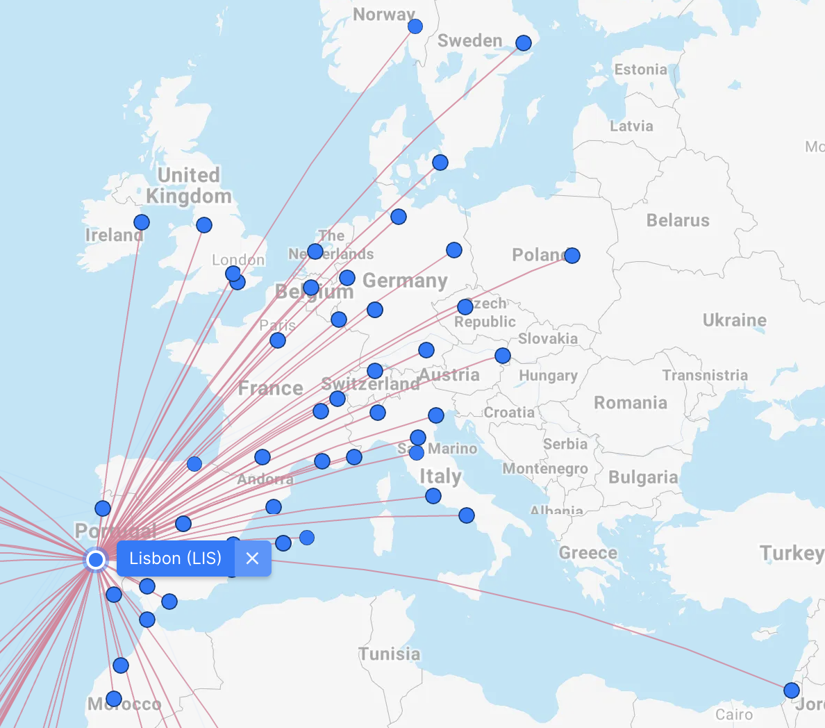 Map of TAP Air Portgual routes from Lisbon across Europe