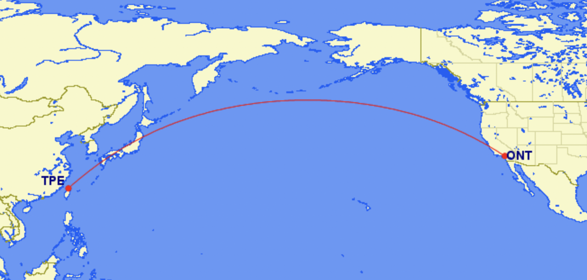 Route map of China Airlines service from Ontario to Taipei
