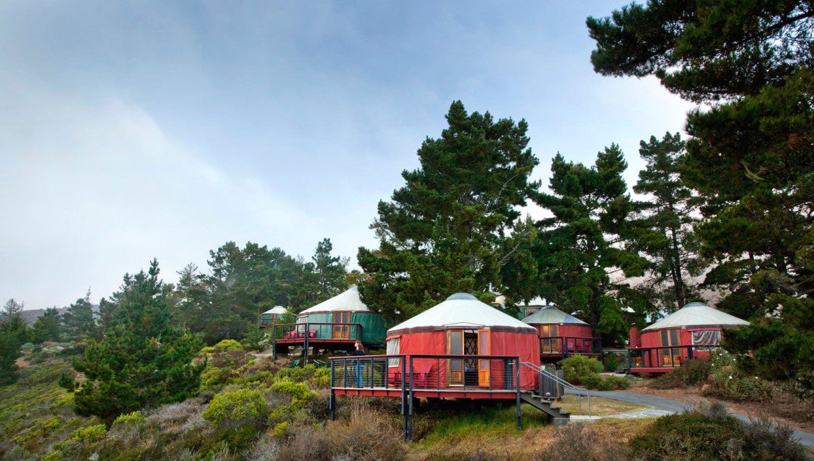 The view of the yurts at Tree Bones Resort in Big Sur, California.