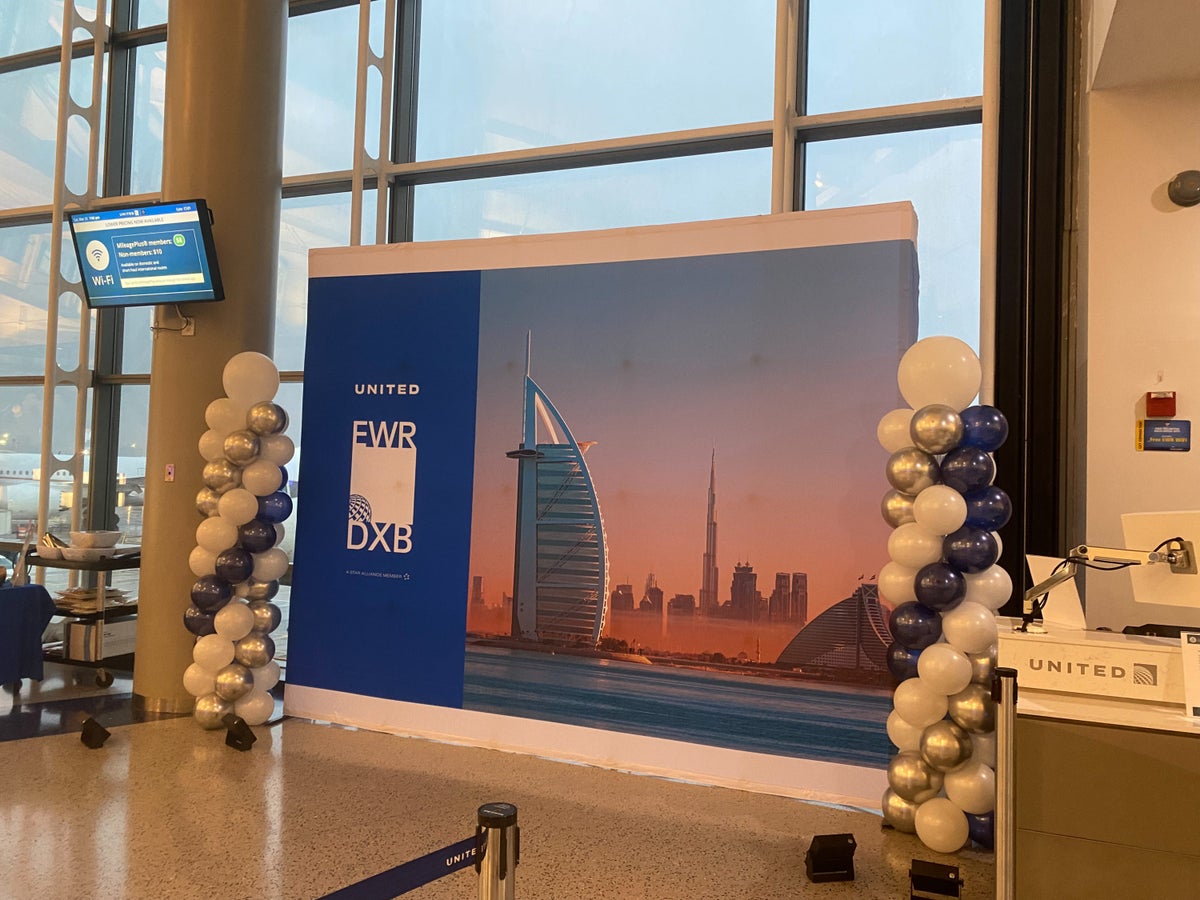 United Inaugural EWR DXB boarding area balloons