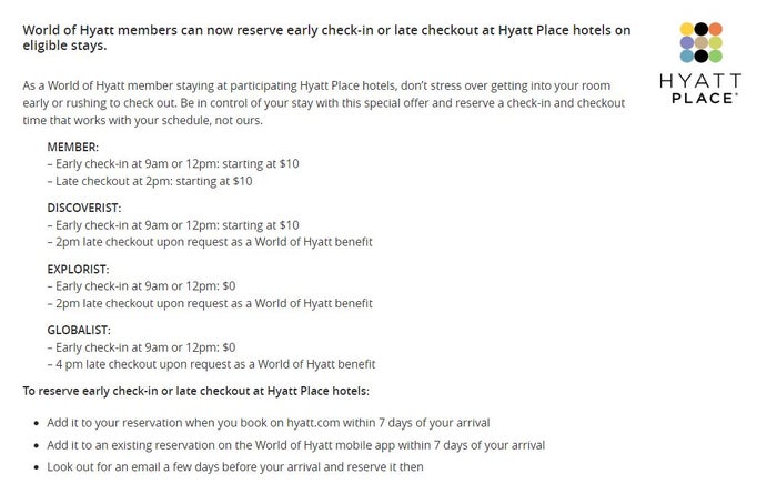 World of Hyatt Early Check In fee list