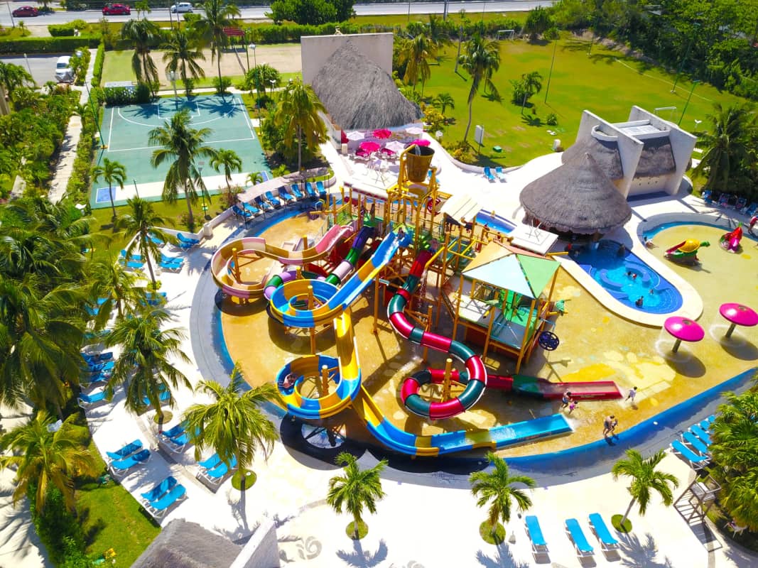 An aerial photo of the water slides at All Ritmo Cancun Resort & Waterpark.