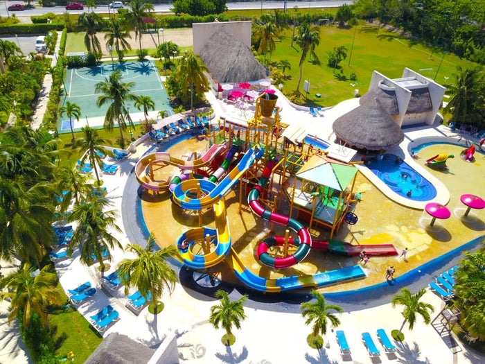 An aerial photo of the water slides at All Ritmo Cancun Resort & Waterpark.