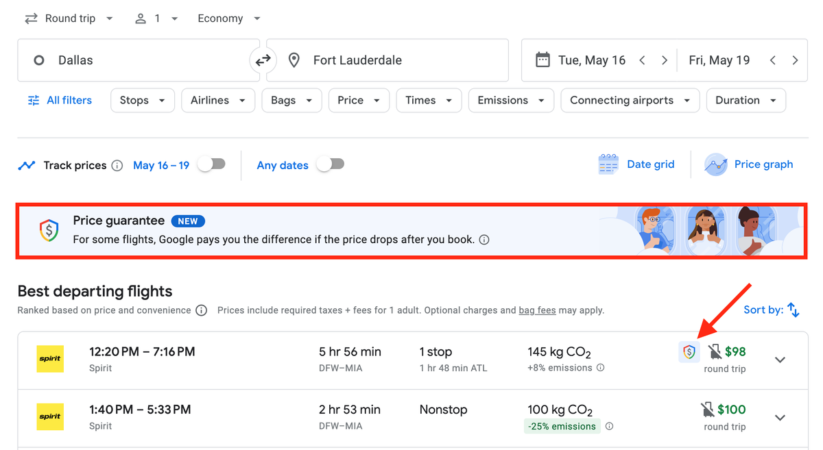 Google Flights price guarantee