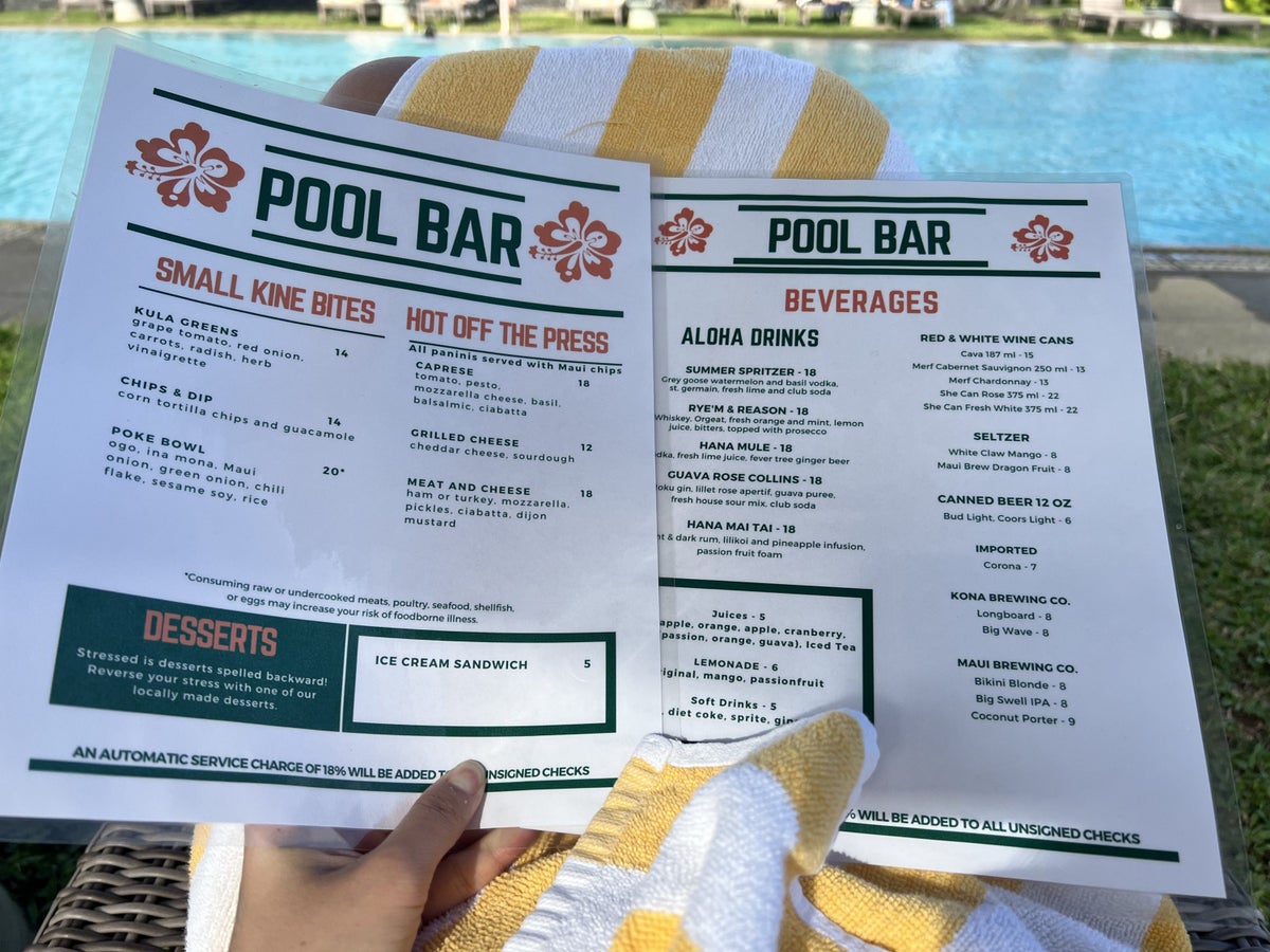 Hana Maui Pool Bar menu