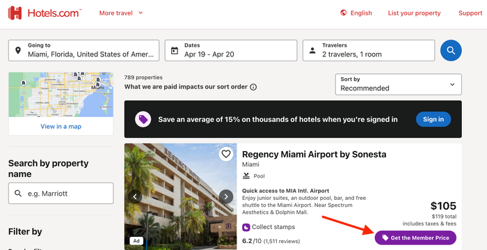 Hotels.com member pricing