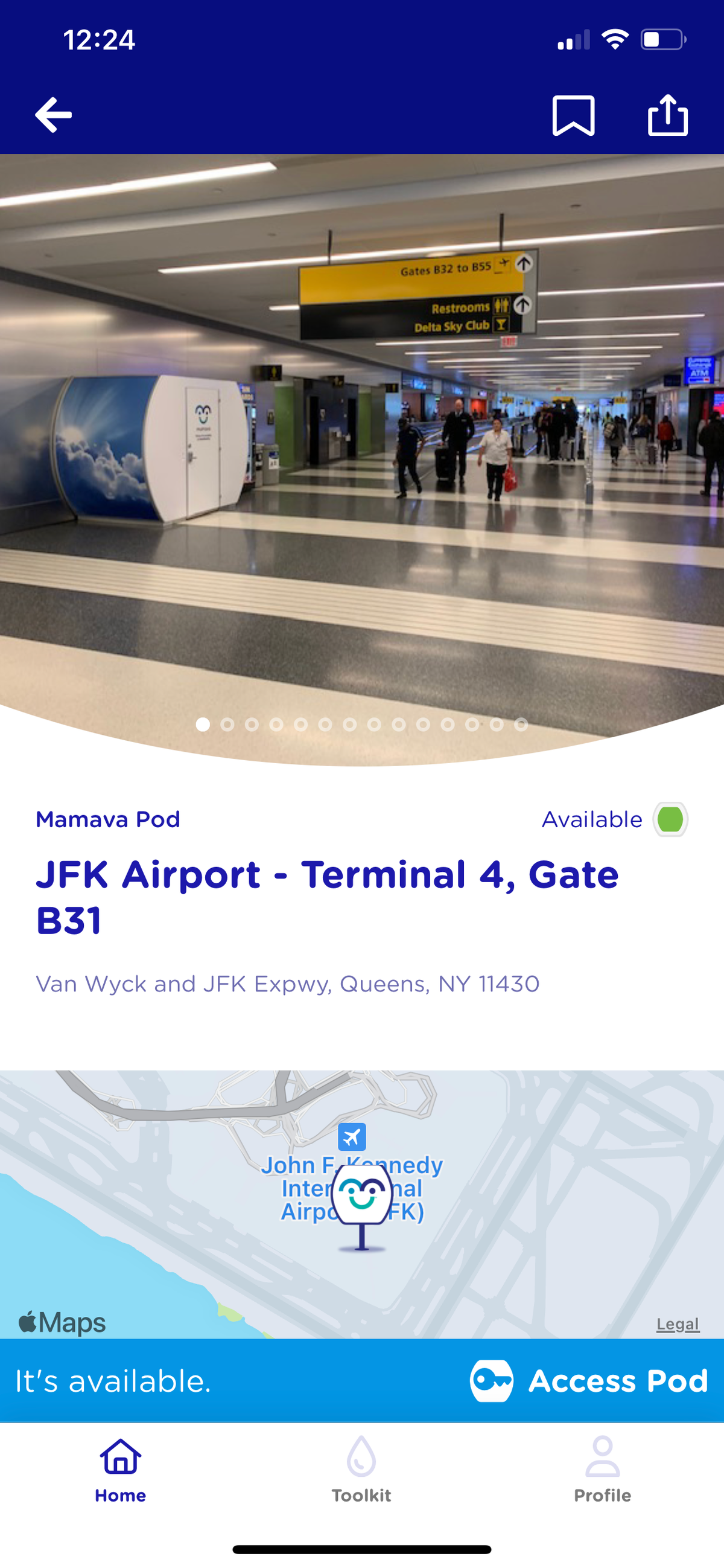 Screenshot from Mamava iOS app of Mamava Lactation Pod location at JFK airport.