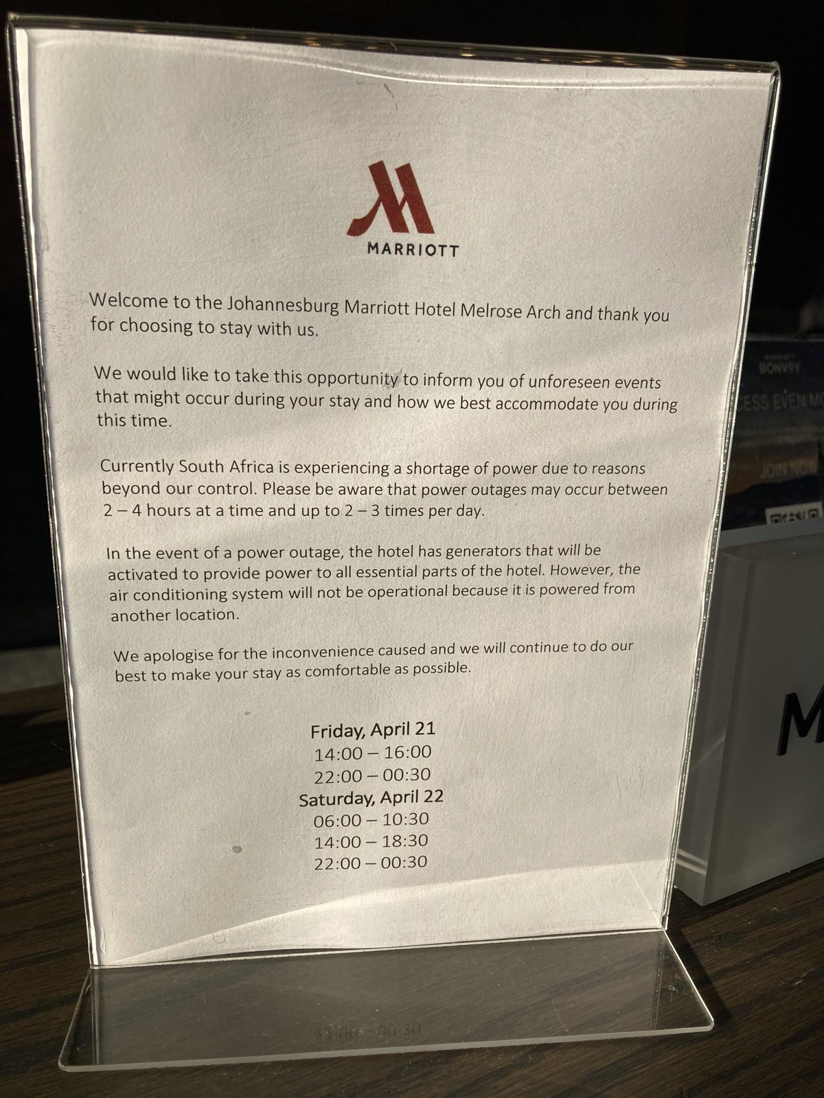 Johannesburg Marriott Hotel Melrose Arch loadshedding note at check in