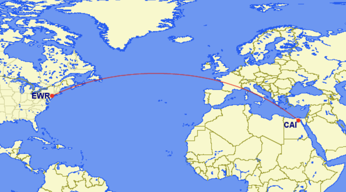 Map of EGYPTAIR route to Newark from Cairo