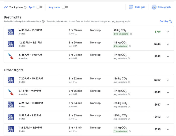 IAH-MIA Google Flights Screenshot
