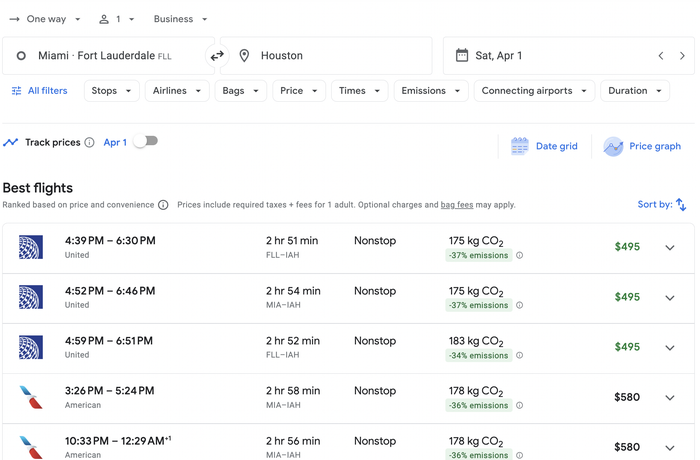 Google Flights MIA/FLL-IAH