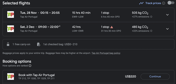 TAP EWR to LGW