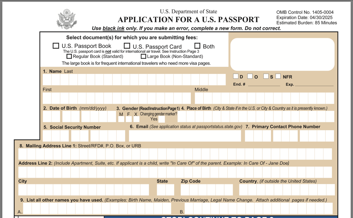 US Passport Application DS 11 2023