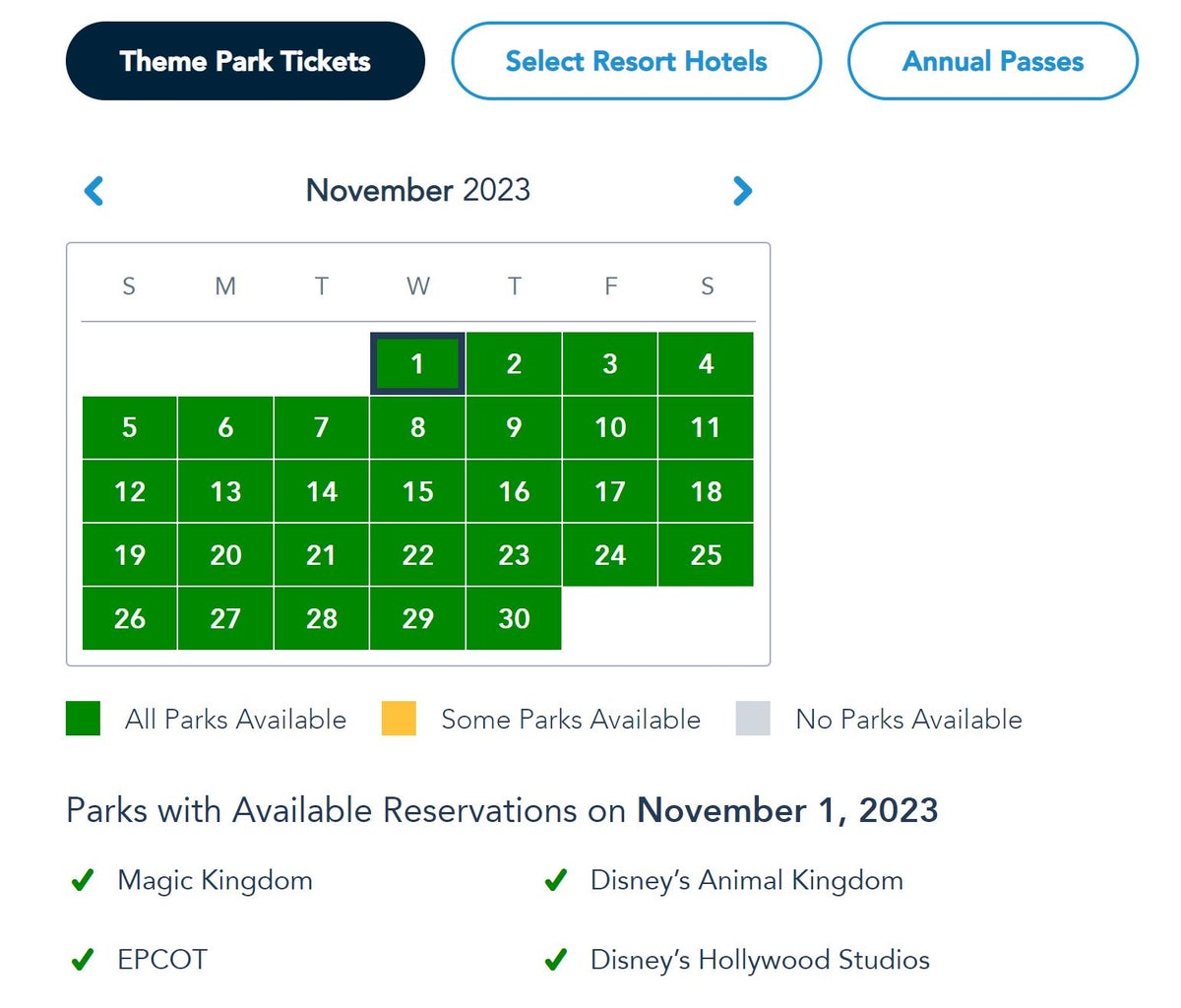 Walt Disney World admission calendar