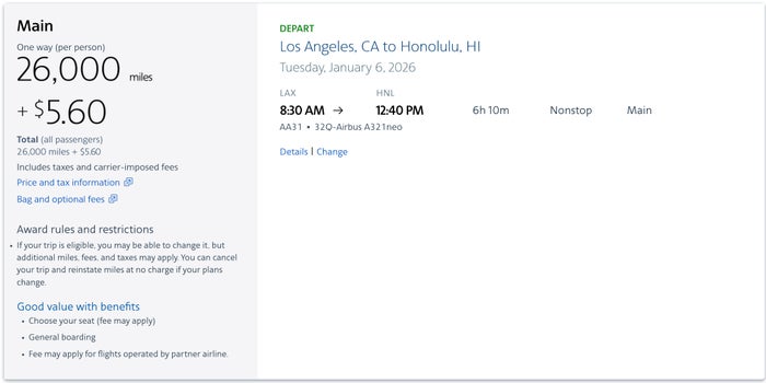 aa award lax hnl economy