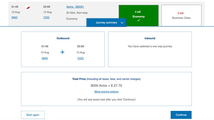 ba avios mad cdg economy award