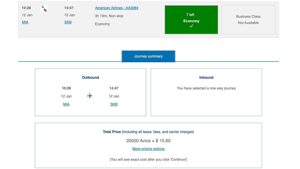 British Airways MIA-SKB Screenshot ba avios mia skb economy award