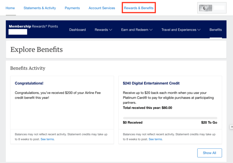 Amex Plat benefit dashboard