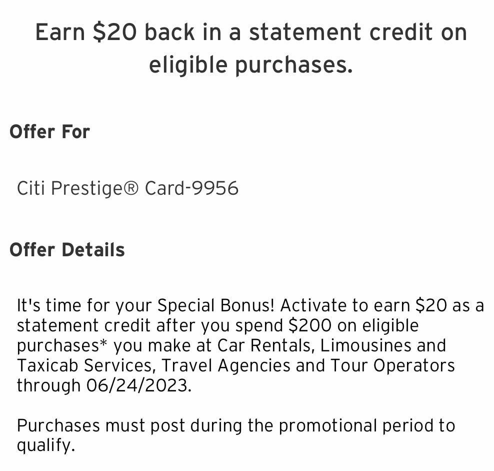 Citi Offer $20 Back on Travel