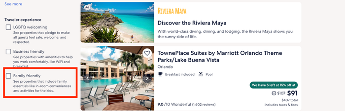 A screenshot of how to find family-friendly options on Expedia. A screenshot of how to find family-friendly options on Expedia.