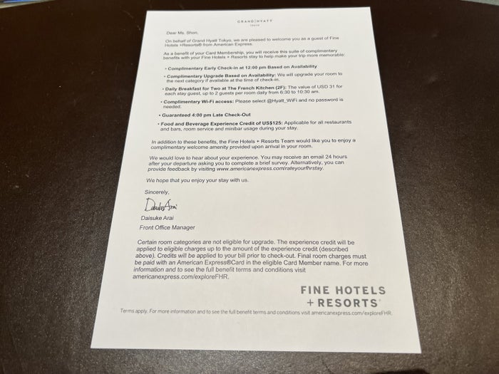 Grand Hyatt Tokyo Amex FHR Letter Grand Hyatt Tokyo Amex FHR Letter