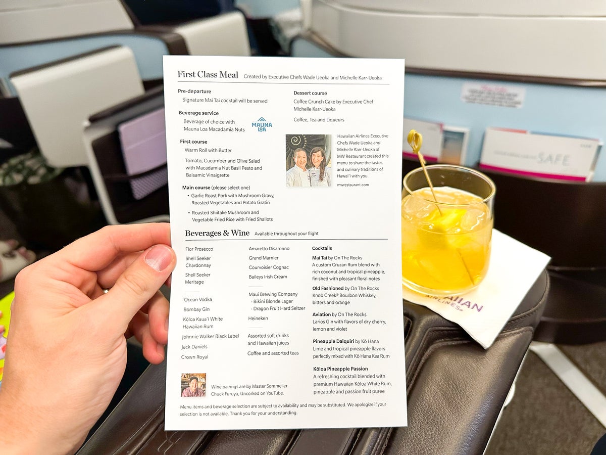 Hawaiian Airlines First Class menu