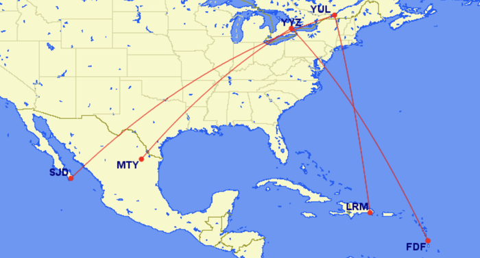 Map of new Air Canada winter routes Map of new Air Canada winter routes