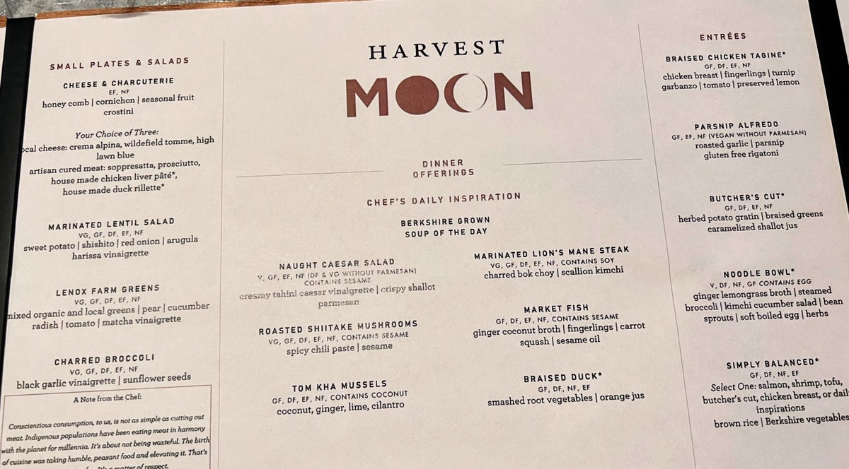 Miraval Berkshires Harvest Moon dinner menu