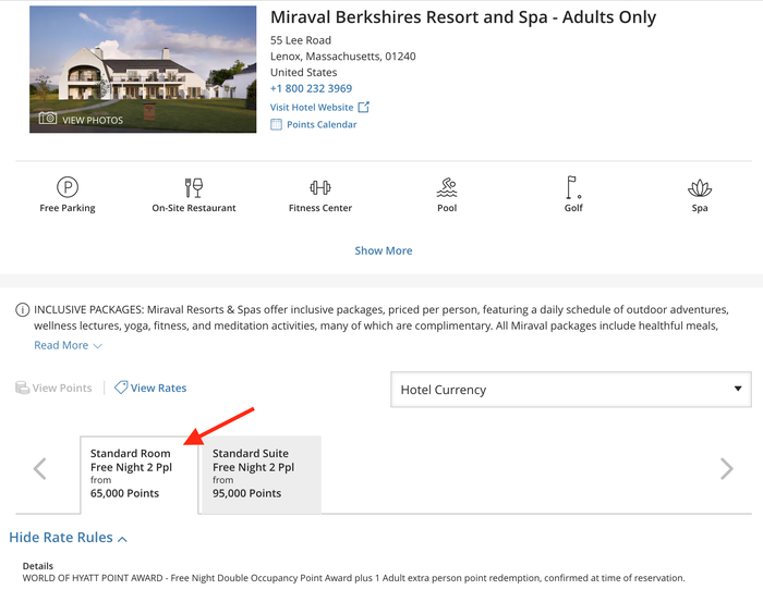 Miraval Berkshires cost in Hyatt points