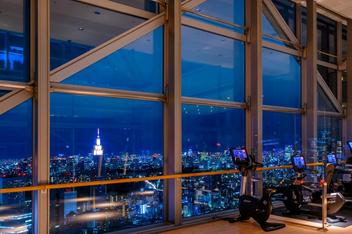 The fitness center at the Park Hyatt Tokyo features incredible views