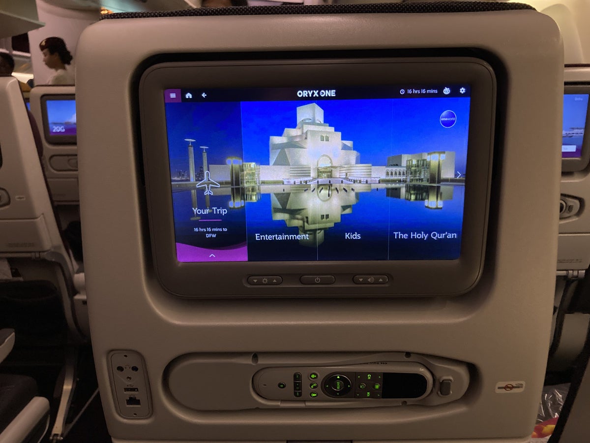 Qatar Airways 777 DOH DFW economy IFE screen