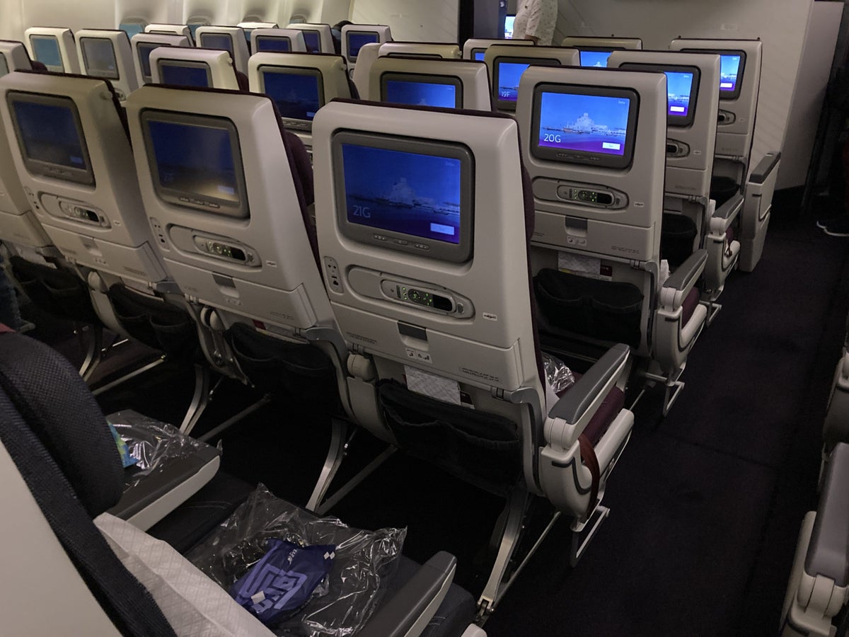 Qatar Airways 777 DOH DFW economy IFE seatbacks